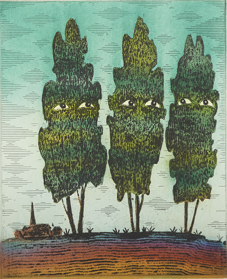 The Talking Trees Of England: Three Naughty Girls, Three plate colour etching on 300gm Hahnemuhle paper, 33 x 28 cm, Edition: 40, 2018