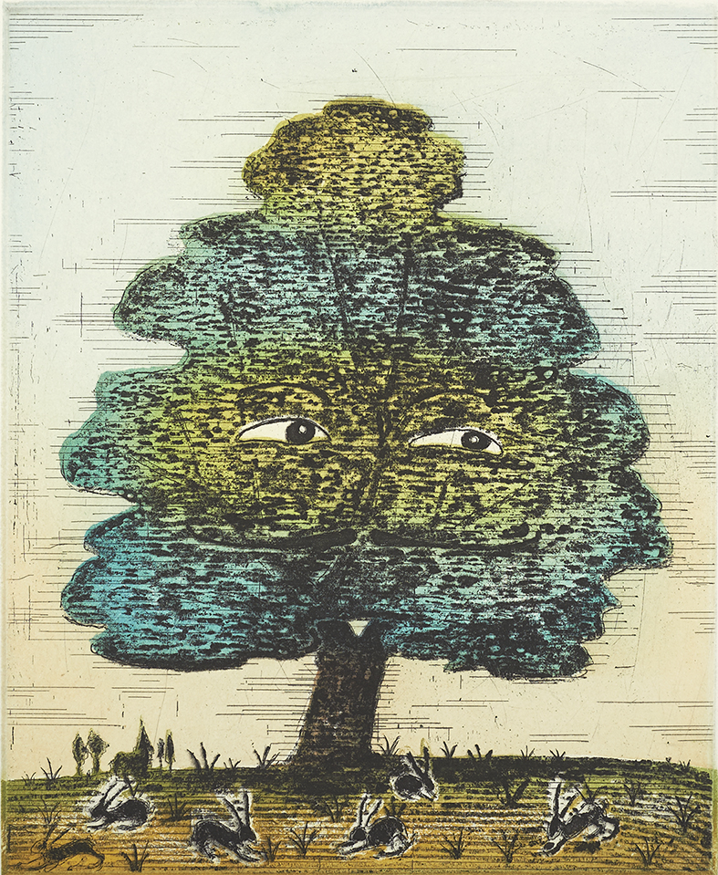 The Talking Trees Of England: The Old Rascal, Three plate colour etching on 300gm Hahnemuhle paper, 33 x 28 cm, Edition: 40, 2018